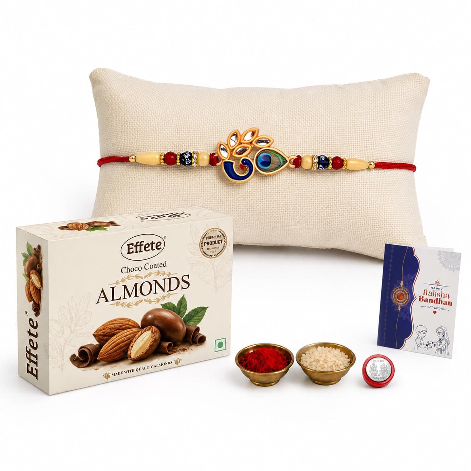 DeoDap Rakhi for Brother with Choco Coated Almonds 32gm, Peacock Design, Pooja Coin, Roli Chawal & Card | Rakhi with Chocolate Combo for Raksha Bandhan