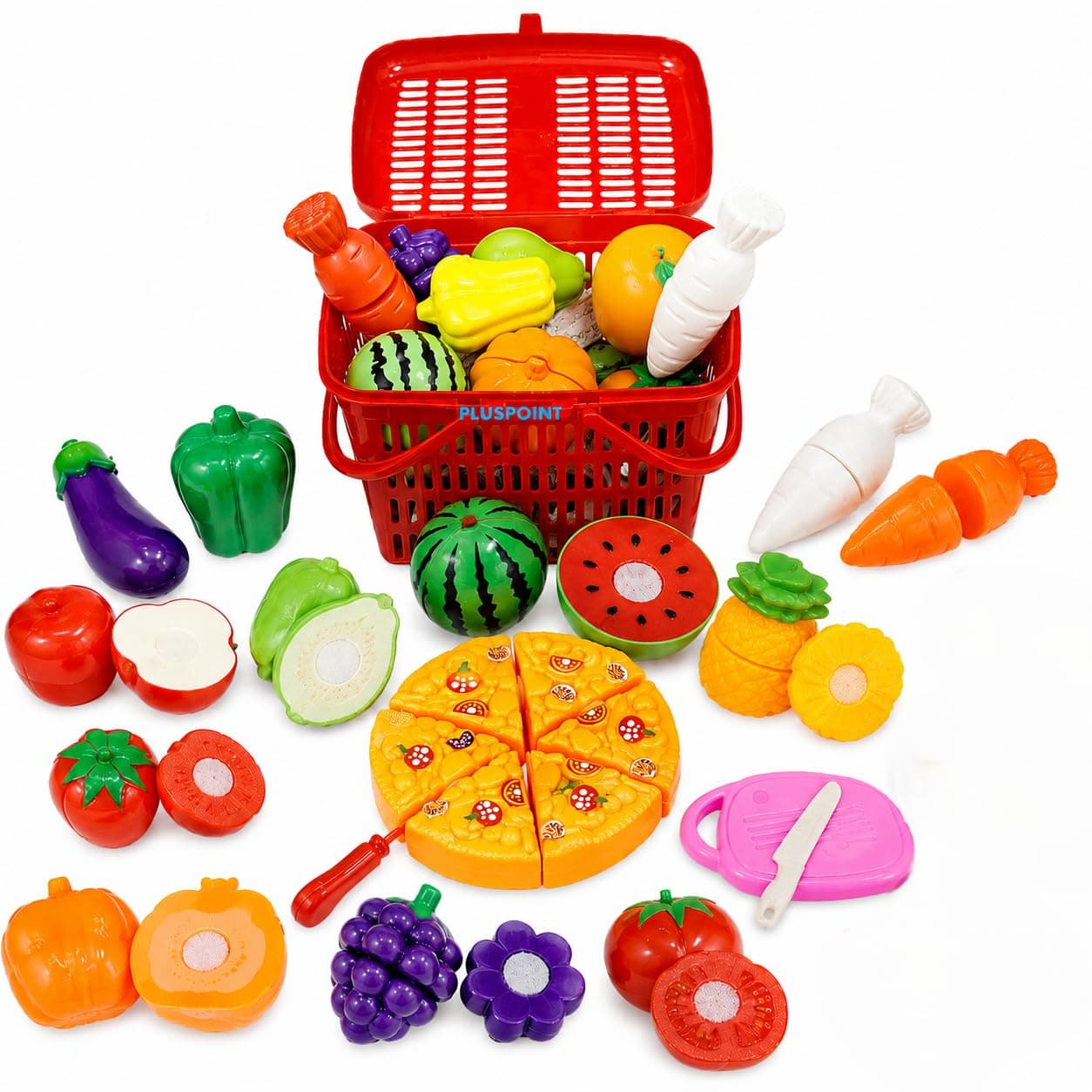 PLUSPOINT 20 PCS Cutting Play Food Toy Set with Storage Basket | Sliceable Fruits, Vegetables & Pizza Kitchen Pretend Play Accessories with Cutting Board & Chopper | Role Play Toy for Boys & Girls