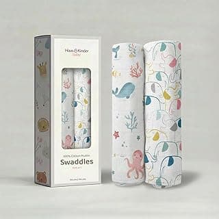 haus & kinder 100% Cotton Muslin Swaddle Wrap for New Born Baby | Pack of 2 (100×100 cm) | Baby Blanket & Swaddles for Newborn | White, Octopus
