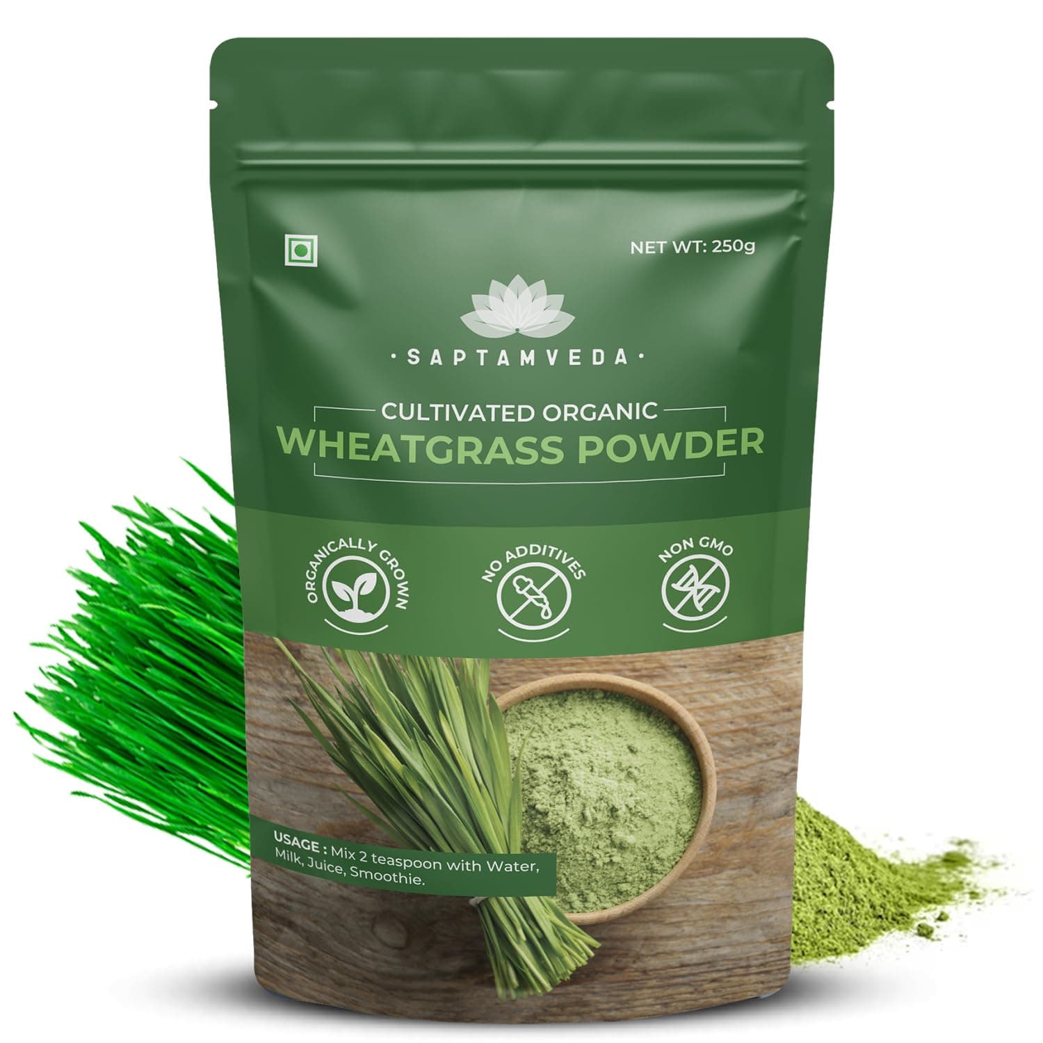 SAPTAMVEDA 100% Organic Wheat Grass Powder 250 Gm Non-GMO, Vegan, Superfood | Antioxidant, Energy, Detox, Immunity Booster, Skin Health| Resealable Bag