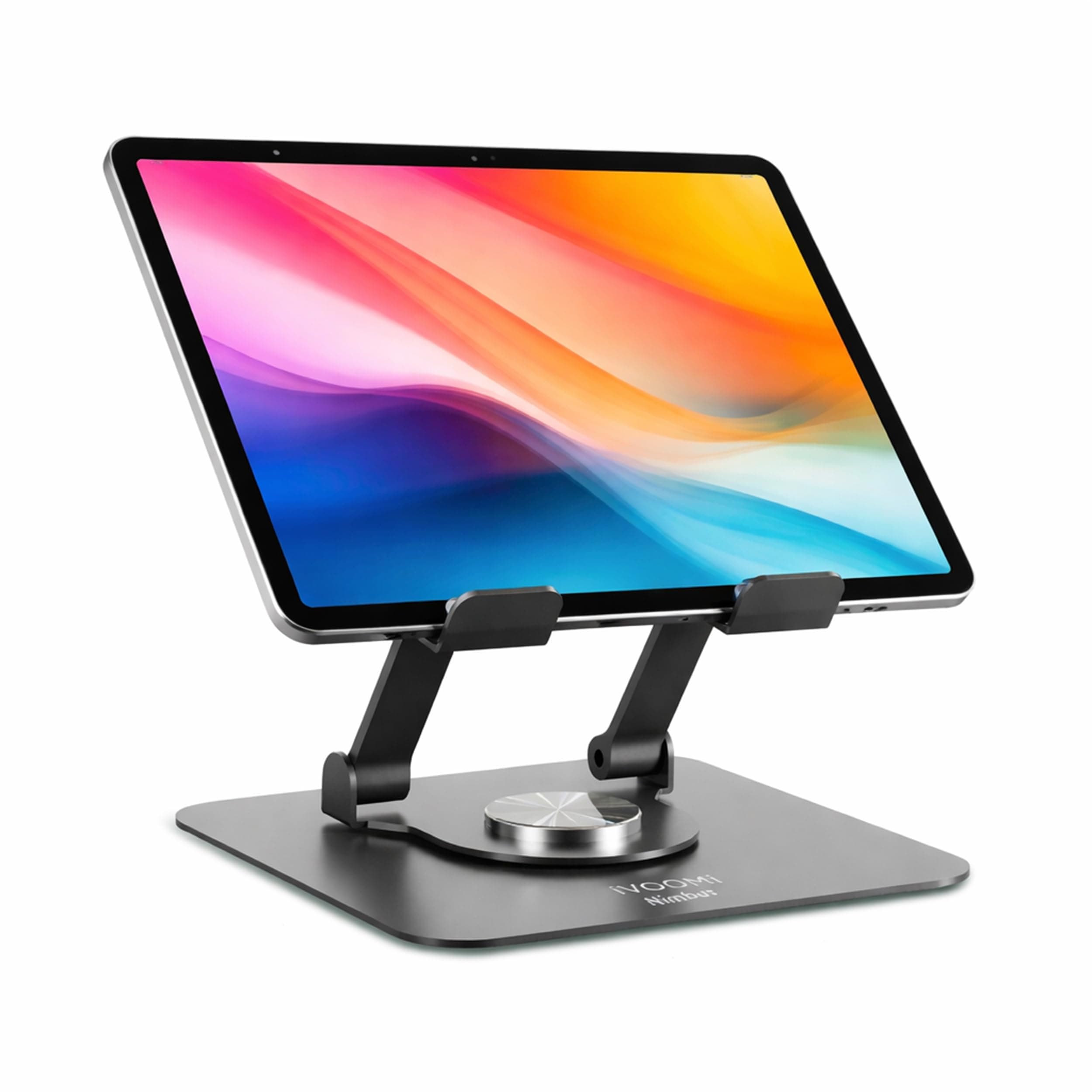 iVOOMi Nimbus Tablet Stand for Desk with Cooling Vent, Adjustable 360° Rotating Tablet Holder, Foldable Metal iPad Stand for Tablets Up to 19 Inch, Black