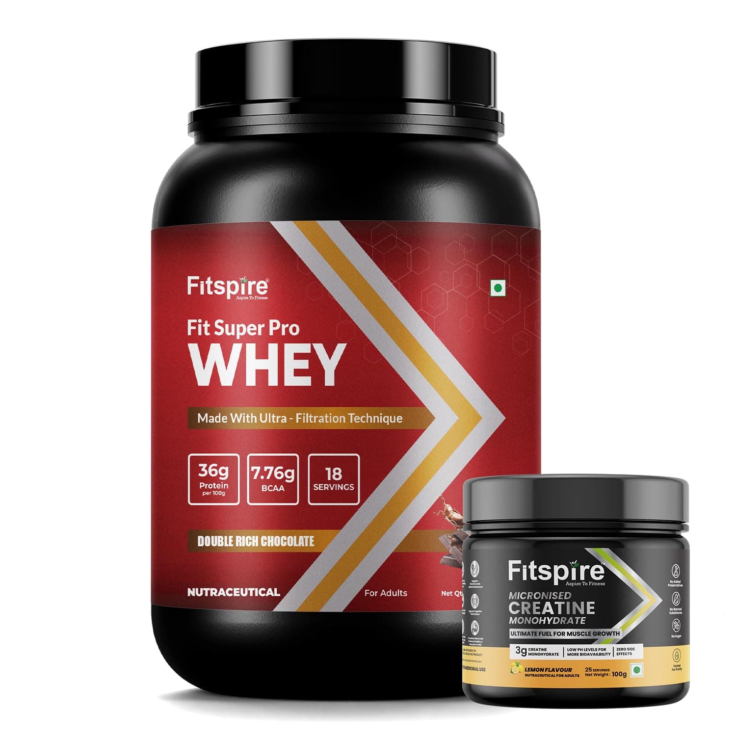 Fitspire Fit Super Pro Double Chocolate Whey Protein Powder 2Lbs (36g Protein Per 100g) with Lemon Monohydrate Creatine | Premium Protein for Maximum Muscle Building & Fast Recovery