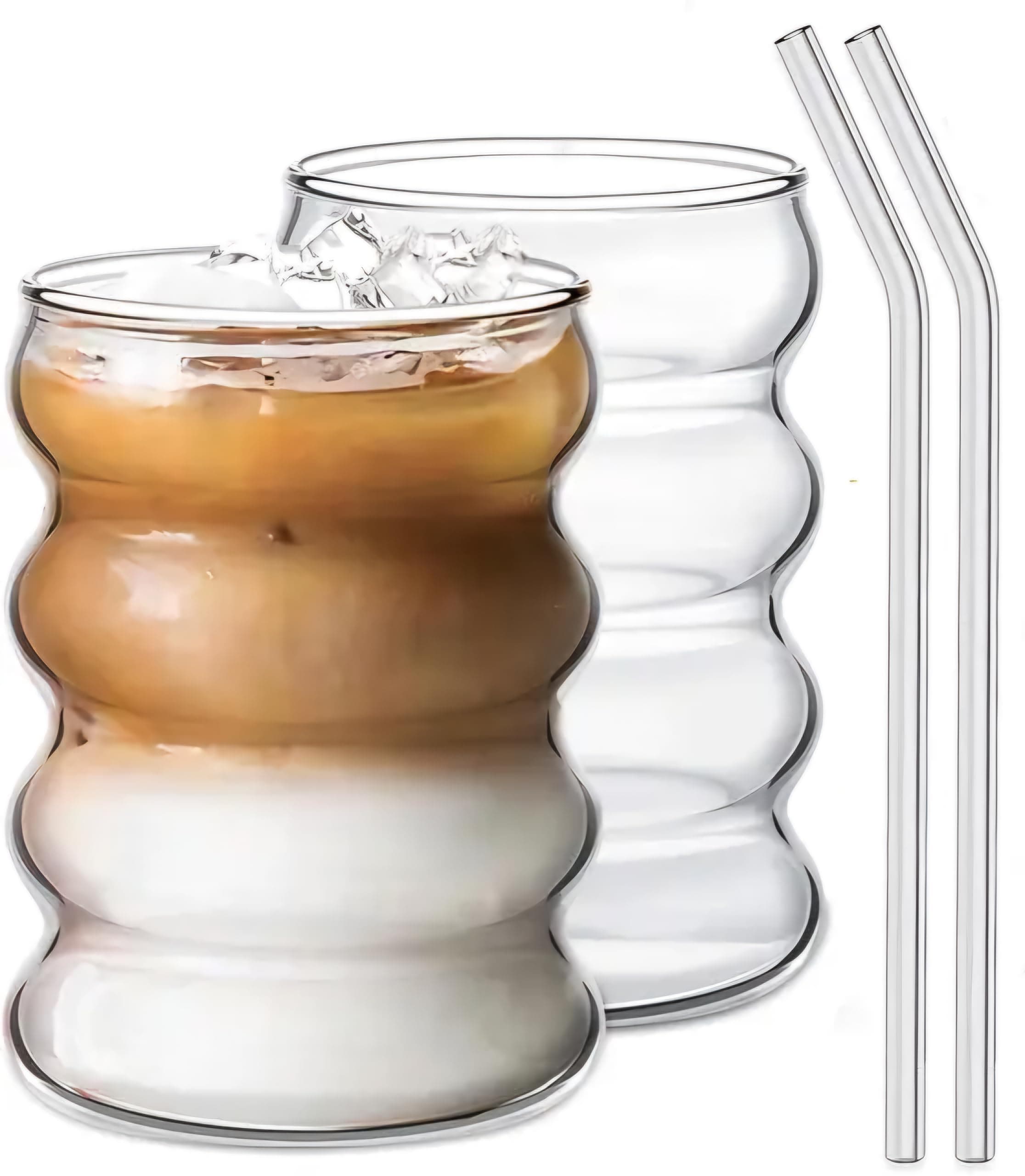 KiKiluxxa Round Wave Looked Glass Cola Mug Can Coffee Glass Sipper with Straw-530ml-Pack of 1- Milk Cup -Juice Green Tea Tumbler with SteelStraw (SZubelin lCan 1)