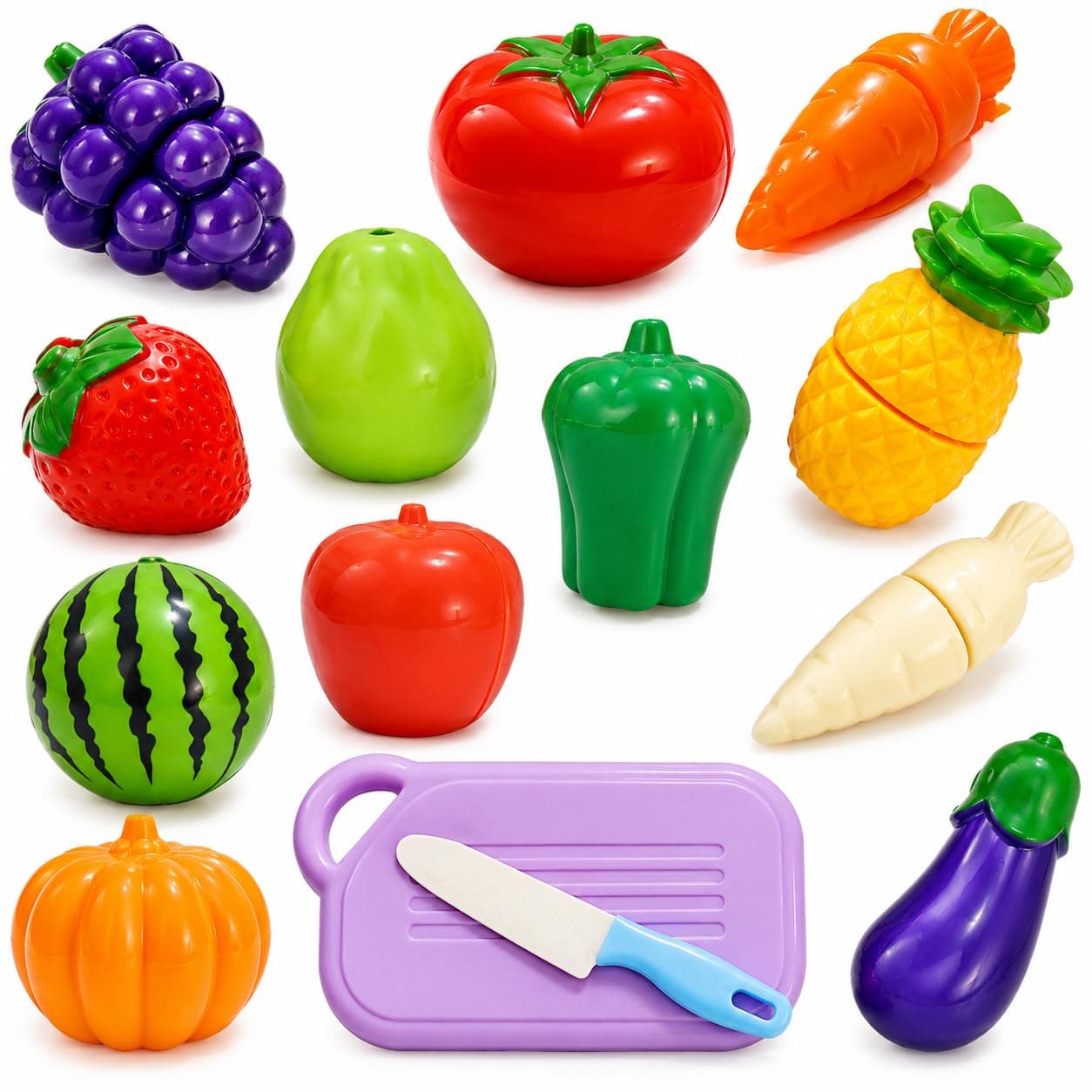 PLUSPOINT 14 PCS Cutting Food Toy Set for Kids | Sliceable Fruits & Vegetables Pretend Play Kitchen Set with Cutting Board & Knife | Educational Role Play Toy for Boys & Girls