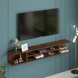BLUEWUD Sanque Large Wall Mount TV Unit | TV Entertainment Unit, Set Top Box Organiser| TV Stand Panel Cabinet with Shelves for Sound bar & Décor Display Unit (Brown Maple)