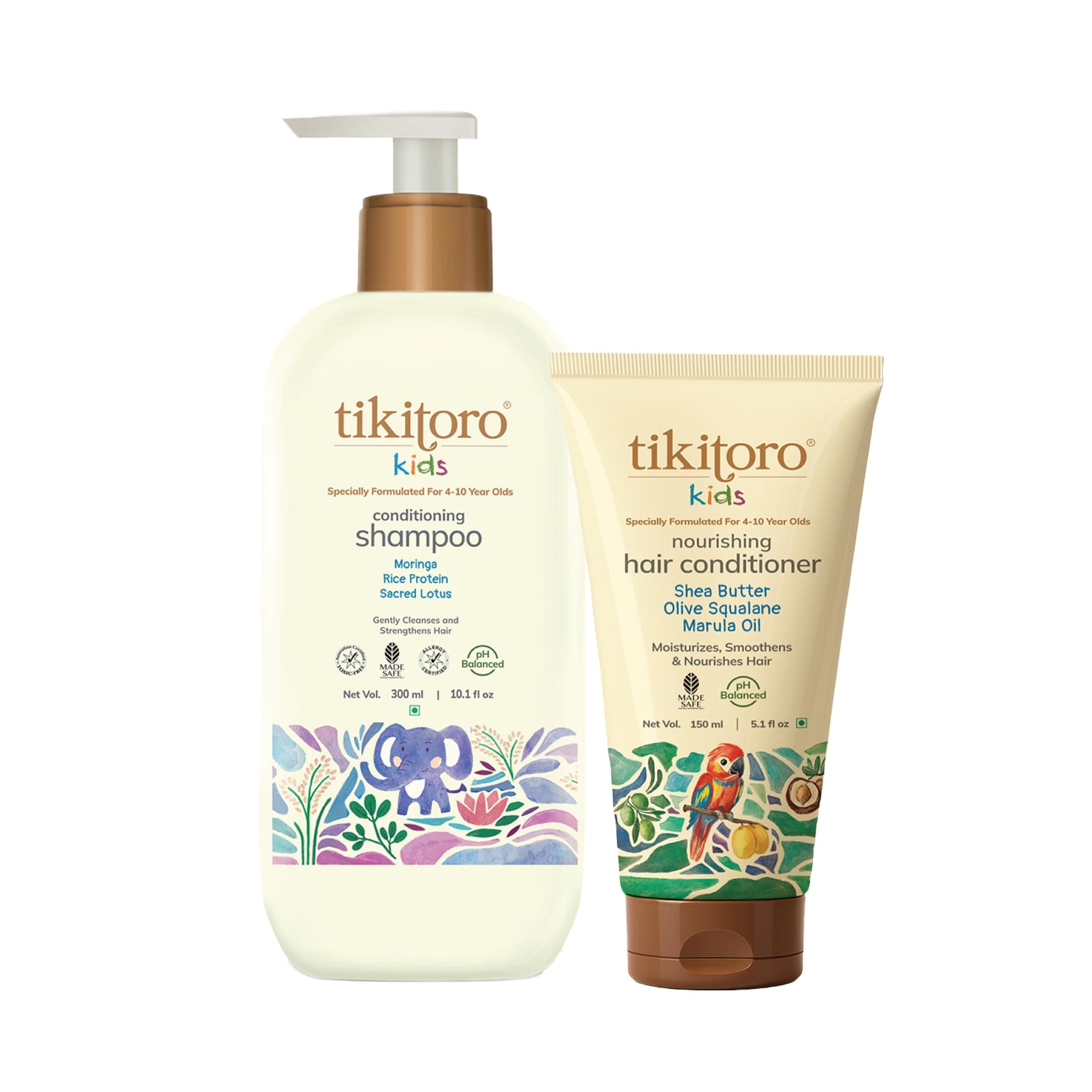 Tikitoro Kids Cleanse & Condition Duo | Nourishing Shampoo & Conditioner Set | Gentle Cleansing, Detangling & Frizz Control | No Parabens & Sulphates (Age 4+) (300ml x 1 and 150ml x 1)