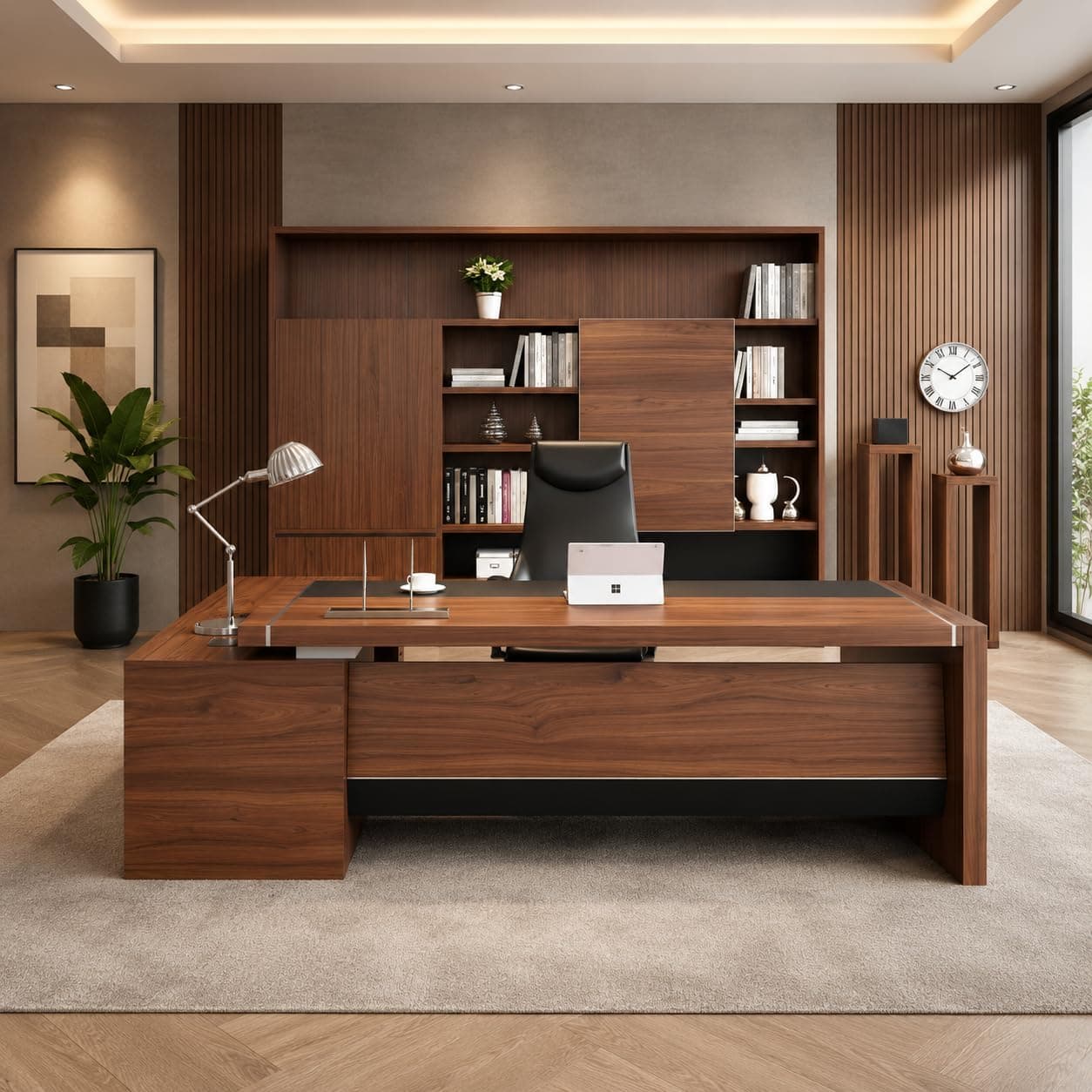 Lakdi The Furniture Co Director Office Desk for Boss & Executive | Unique Design L Shape Table Made in Particle Board with 2 Drawer, Openable Shutter, 5-Year Warranty & Free Assembly (LDL-537)