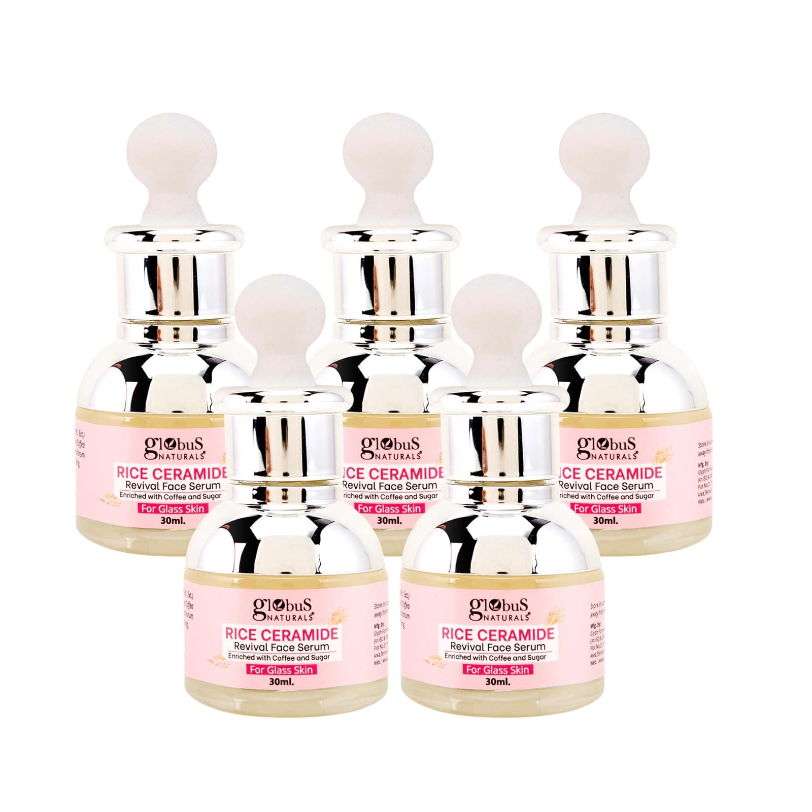 Globus Naturals Rice Ceramide Revival Face Serum, Enriched with Coffee & Walnut, For Glass Skin, 30 ml (Pack of 5)