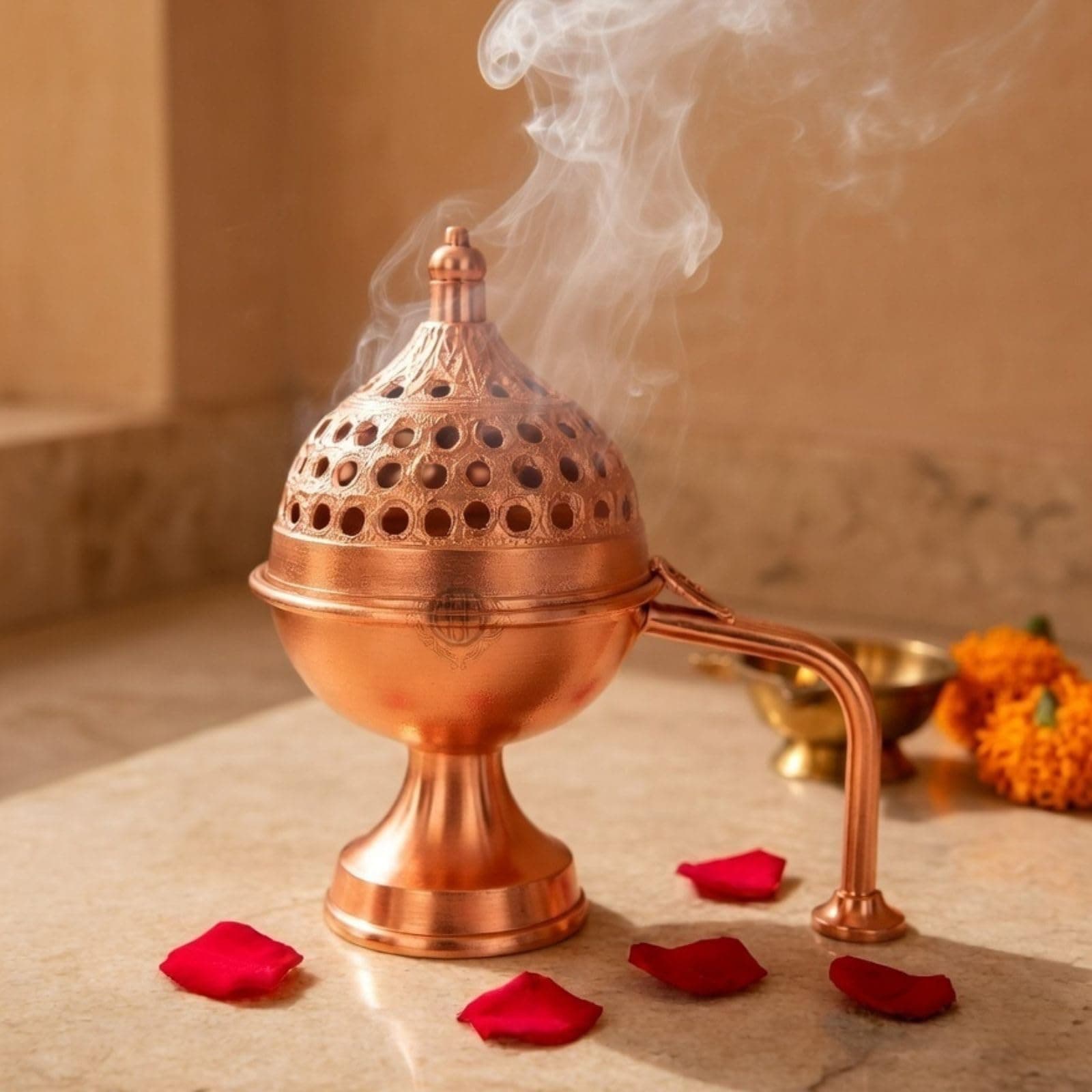 DSH CRAFTING YOUR CURIOSITY Dsh Home Purifying Brass Dhuna Loban Burner Dhooni Dhoop Dani Dhuni Brass Table Dhoop Dani Incense Burner for Loban. (Large Rosegold)