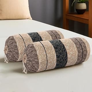 Kuber Industries Soft Cotton Bolster Covers Set of 2 with Drawstring Closure | Diwan Masand Cover for Living Room | Bed Side Long and Round Pillow Cover | Leaf Stripe - Cream & Black