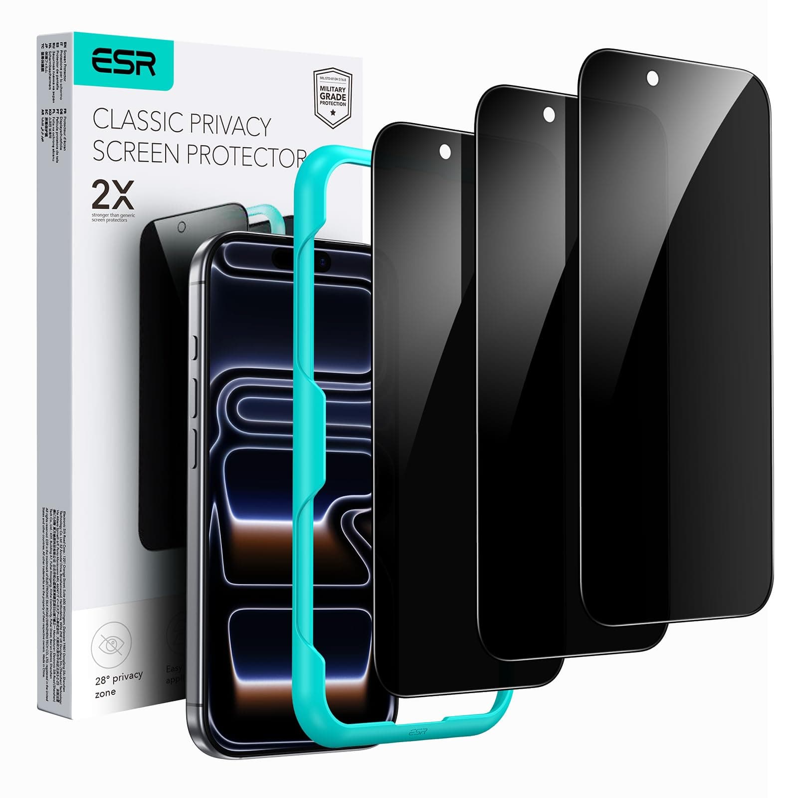 ESR 3 Pack for iPhone 17 Pro Max Privacy Tempered Glass, Align Frame | Military Grade Shatterproof, 9H Tempered Glass Screen Protector Guard, Anti-Spy, Easy Installation Tool, Scratch-Resistant