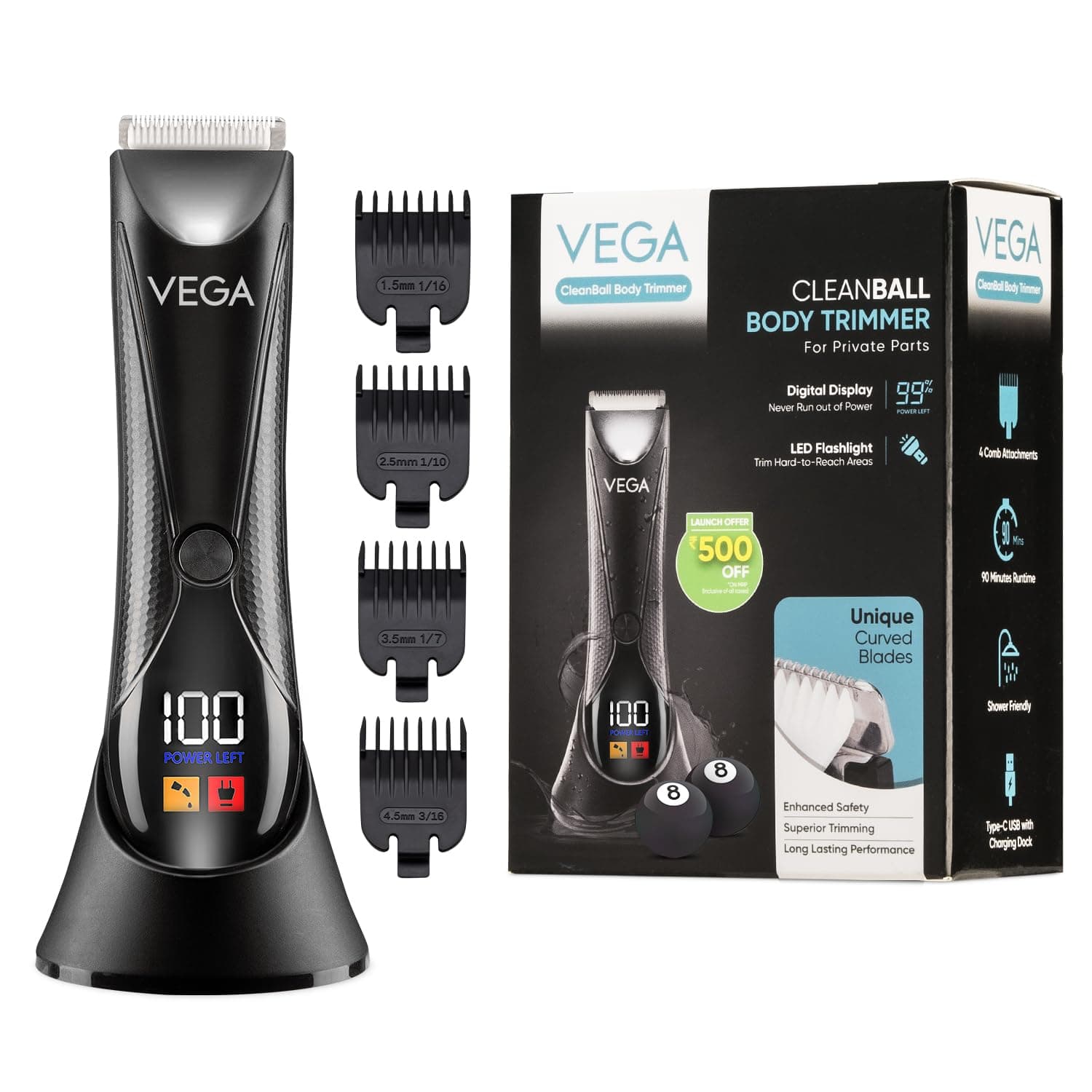 VEGA Cleanball Full Body Trimmer for Men|Private Parts, Pubic Hair, Balls, Manscaping, Body Multi-Purpose|IPX5 Waterproof|No Nicks or Cuts|90 Min Non-Stop Runtime|Fast Charge, 2 Year Warranty, VHTH-33