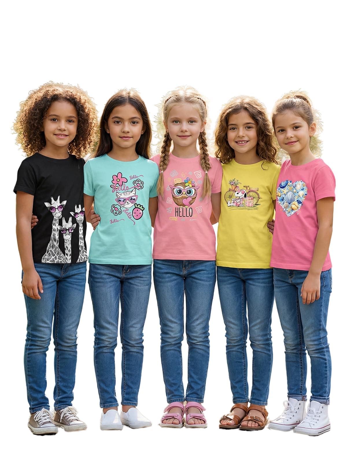 HELLCAT Girls Printed T-Shirt Pack of 5 | Soft Cotton Blend Graphic Tops for Girls | Value Combo Tees | Kids Casual Clothing for 1-16 Years | Comfortable Round Neck Half Sleeve Tees