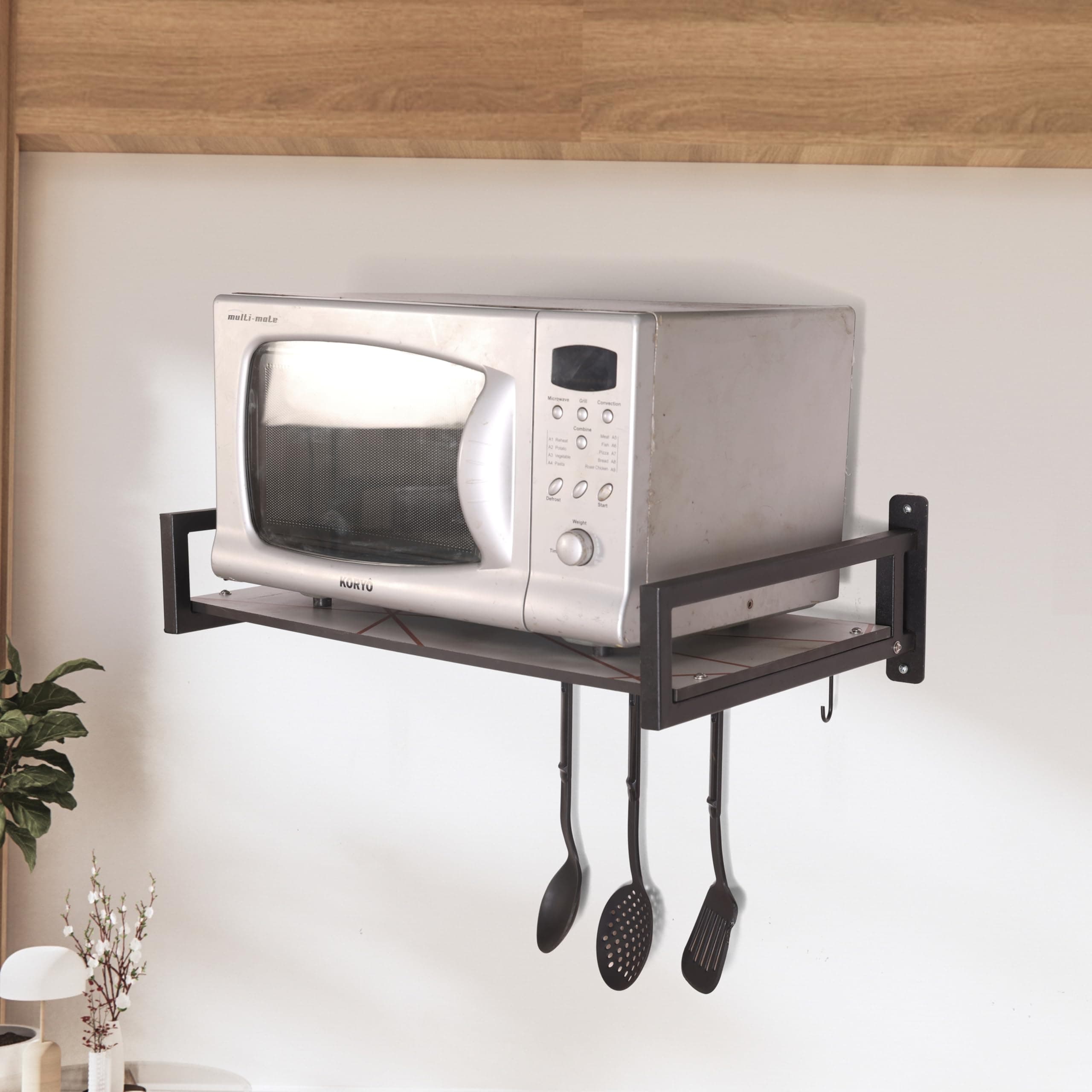 KYZEN Deluxe Wall Mount Microwave Oven Stand with Pot Rack, 5 Hooks & Storage Container | Heavy-Duty Shelf for Microwave, OTG, Air Fryer, Grinder & Kitchen Organization (Marble) Appliances WM_Delux_M