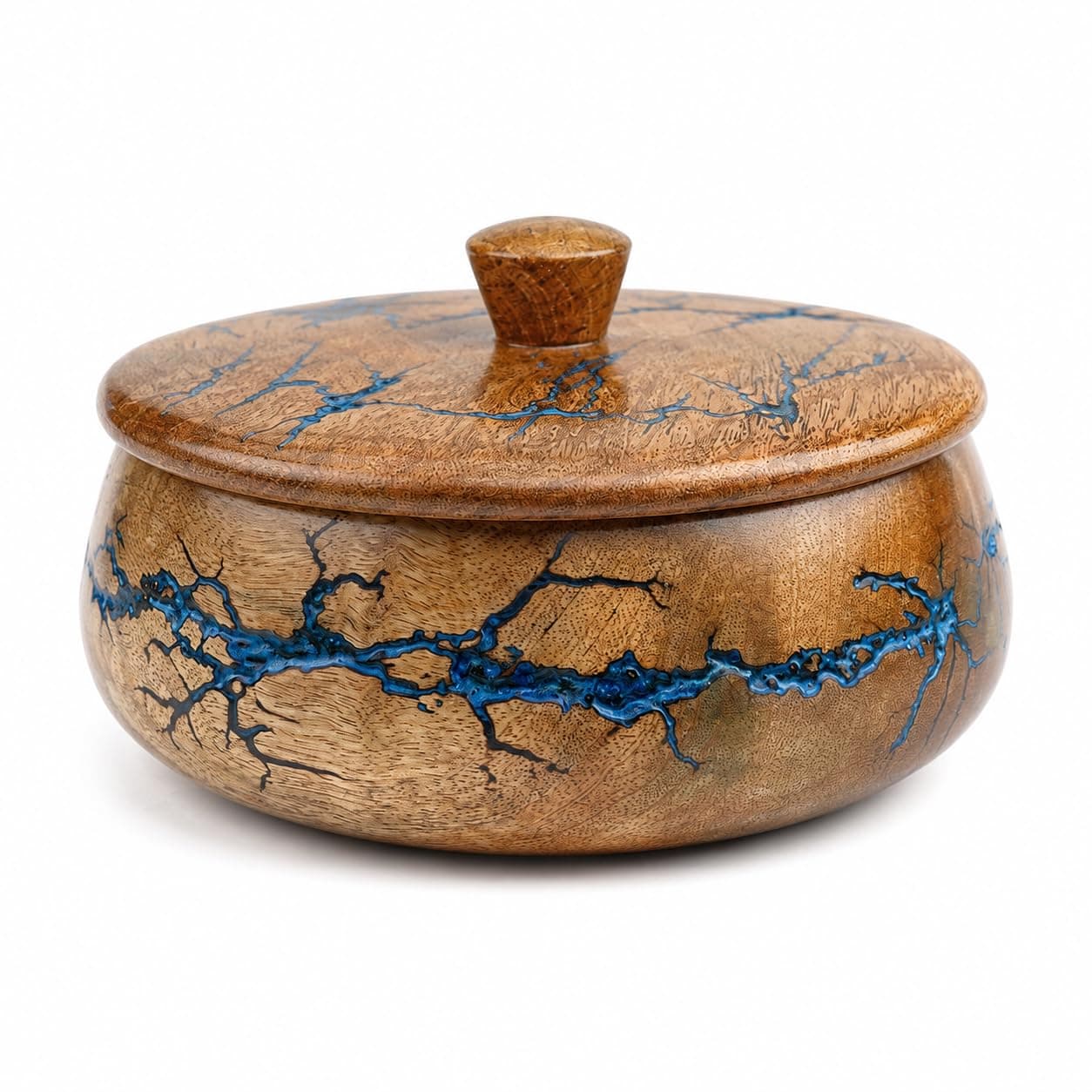 Mahomade Wooden Roti Box 9x4 Inch | Blue Resin Lightning Design | Wooden Chapati Box with Lid | Kitchen Casserole for Roti, Bread Storage & Serving