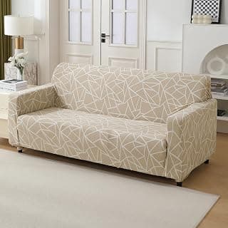 HOKIPO 'Elira Series' Polyester Blend 140gsm Stretchable Sofa Cover for 3 Seater Sofa, Beige Abstract Geometry (NEW-4947-C3)