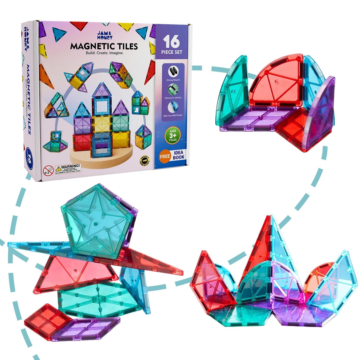 Amazon Brand - Jam & Honey Magnetic Tiles Building Blocks Add-On for Kids 3+ Years - 16 pcs | STEM Learning Educational Toy | Creative & Constructive Play | Brain Development Toy | Creative Boost Pack | Multicolour