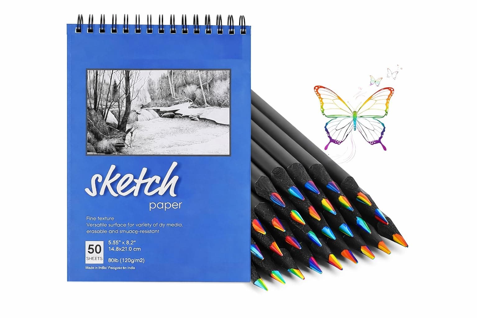 Corslet 12 Pc Rainbow Coloured Pencils with A5 Sketch Book 50 Sheets Combo | Spiral Bound Drawing Pad with Multi Colour Pencils for Kids, Students & Artists
