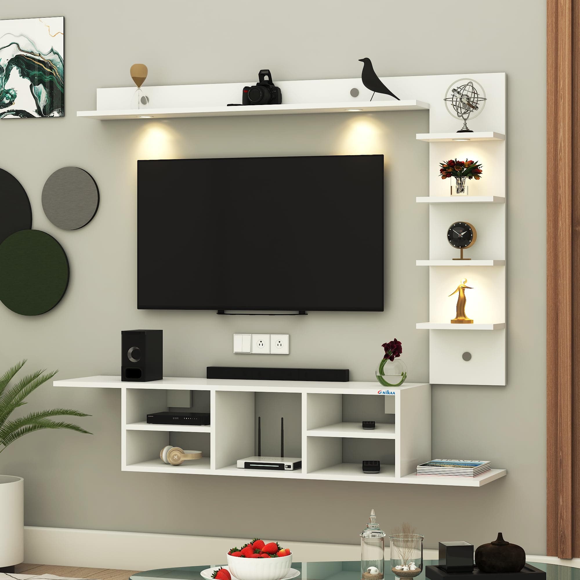 Anikaa LED Light TV Unit Wall Mounted TV Unit TV Cabinet Wall TV Stand for Living Room, Set Top Box Stand - White (D.I.Y - Do-It-Yourself) Ideal for up to 43" inches, Engineered Wood
