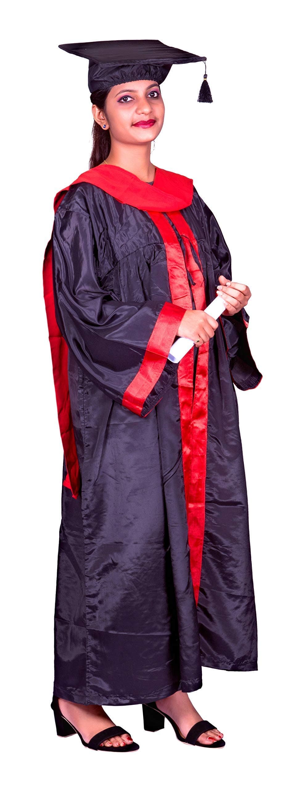Polyester Blend Women Casual Style Graduation Gown Black With Hat And Red Border For Adults Free Size (Unisex)