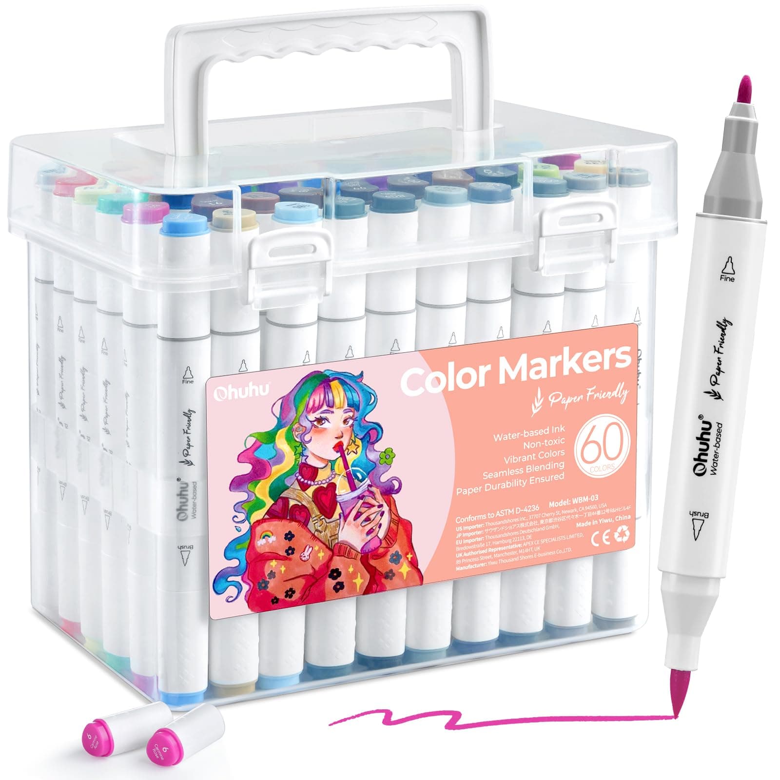 Ohuhu Markers Paper-friendly Water-based 60 Colors Dual Brush Fine Tips | No Peeling Coloring Markers for Adult Coloring Books No Bleeding Art Markers for Kids Adults Beginner Calligraphy