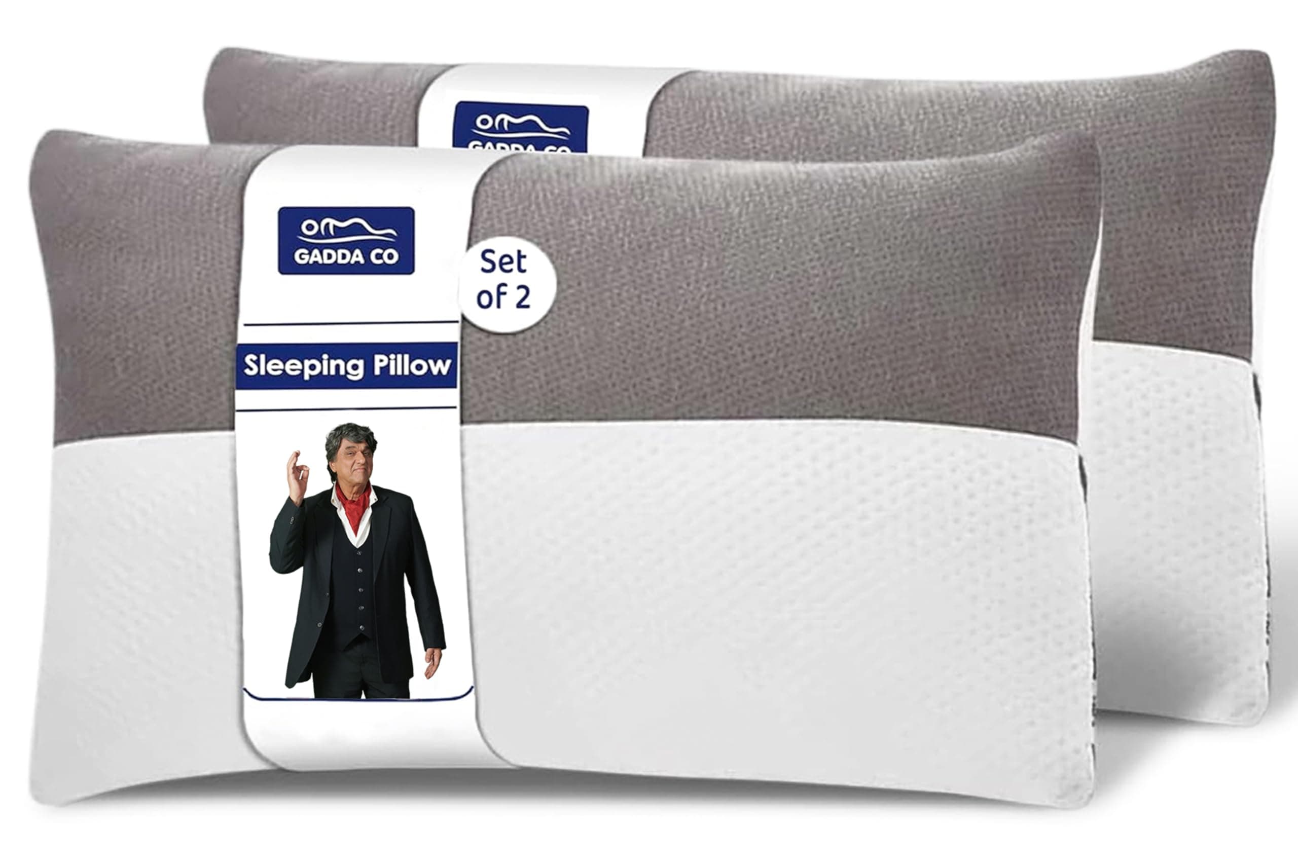 GADDA CO Hollow Sleeping Fiber Pillow with Zip | Set of 2| Height Adjustable Sleeping Bed Pillow, Soft and Fluffy | White and Grey, Standard Size with 3 Months Warranty