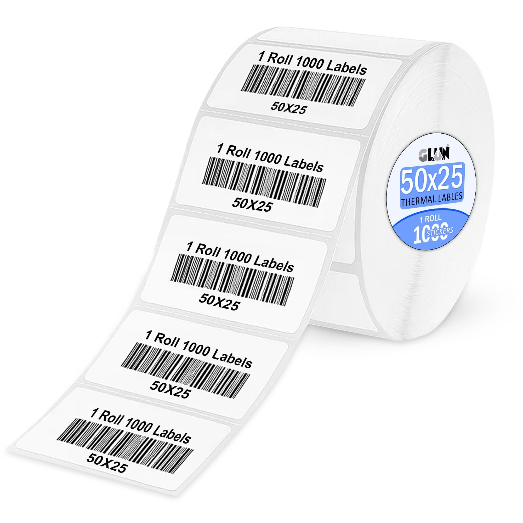 GLUN® Thermal Label Roll 50x25mm, Pack of 1 (1000 Labels), White Smooth Surface Self-Stick Barcode & Price Tags for Direct Thermal Printers
