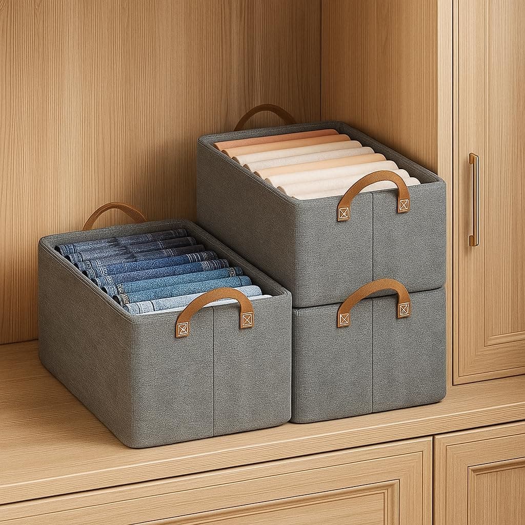 JD FRESH 3 Pcs of Large Foldable Storage Box and Organiser with Steel Frame/Woven Fabric Clothes Organiser with Handle/Wardrobe Organizer for Storage/Almirah Organizer for Shirts/Jeans/Sweater (Grey)