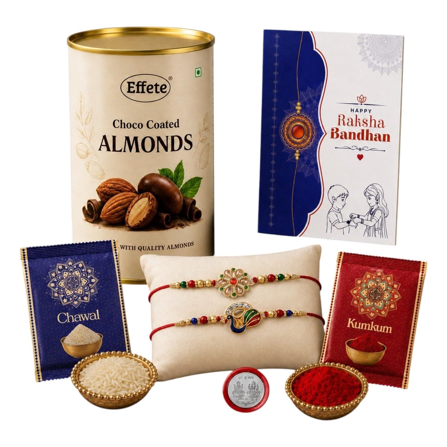 DeoDap Designer Rakhi Set of 2 for Brother – Spiritual Design with Choco Coated Almonds Chocolate 96gm, Pooja Coin, Roli Chawal & Card | Rakhi with Chocolate Combo for Raksha Bandhan