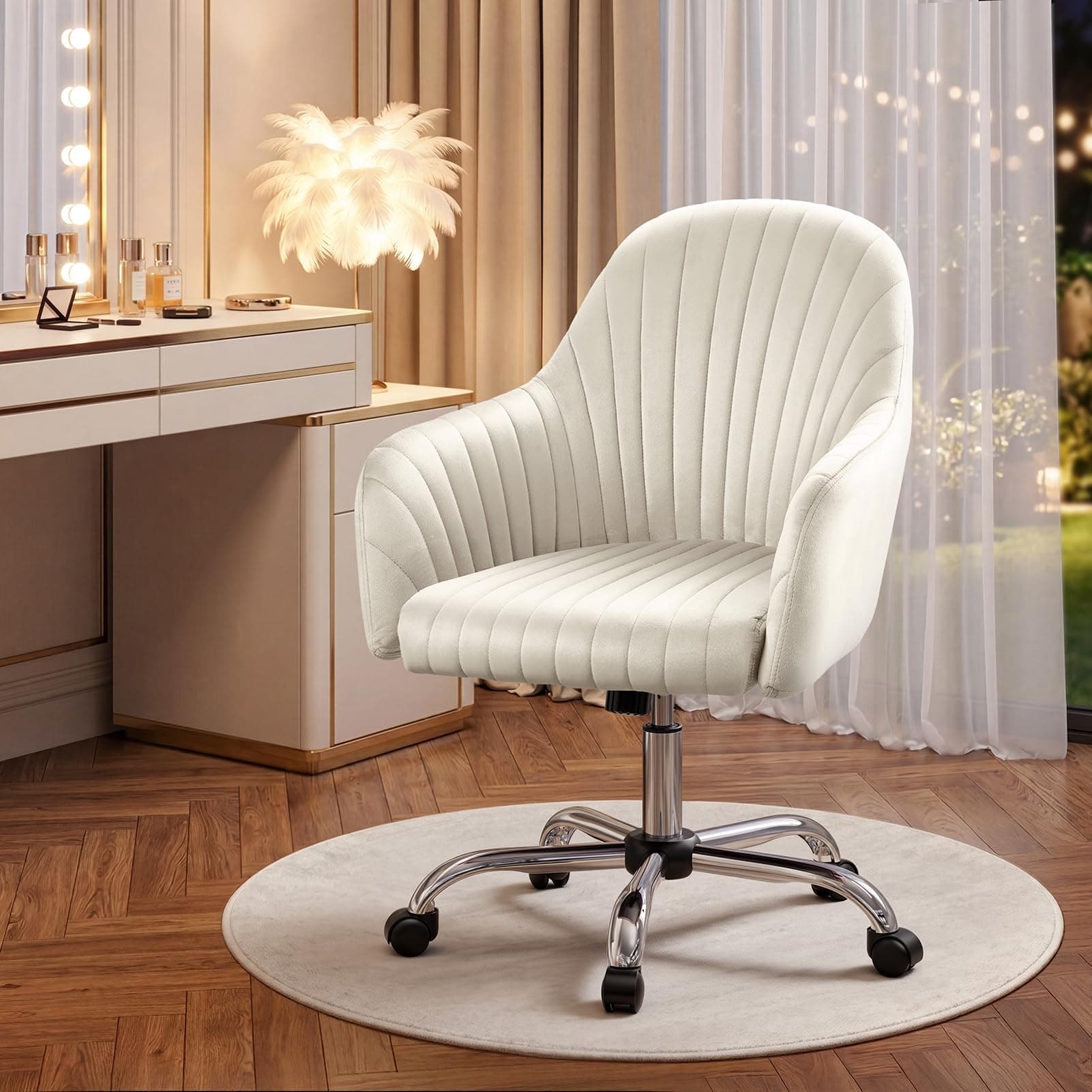 Warmiehomy Velvet Desk Chair for Home Office, Modern Adjustable Swivel Task Chair, Women Vanity Chairs with Arm Rest for Bedroom Dressing Room, Cozy Beige