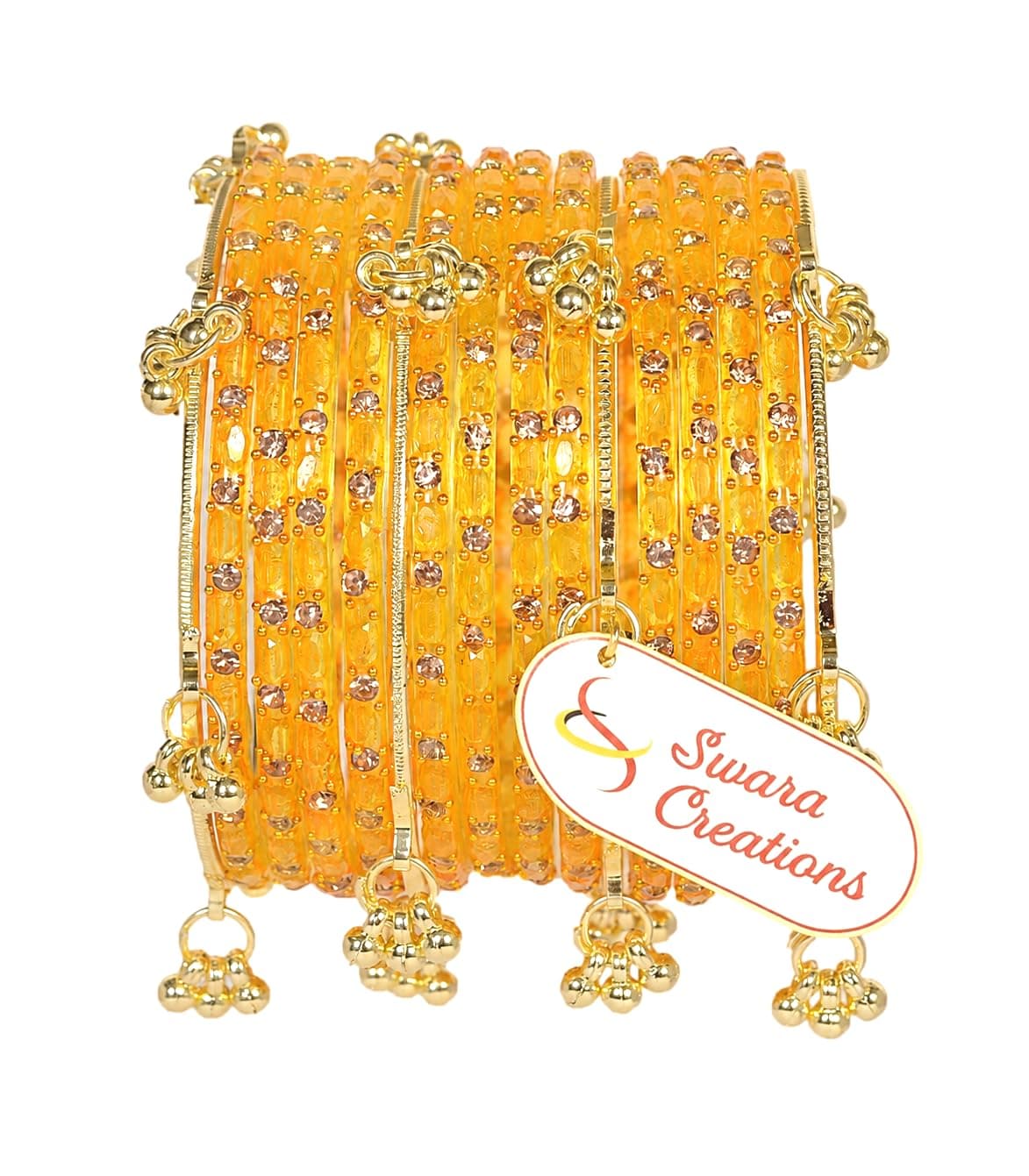 Swara Creations Kashmiri Ghungroo Raindrop Bangles Combo Set | Yellow Color| for Women and Girls|Set of 16 Pcs (SKU417)