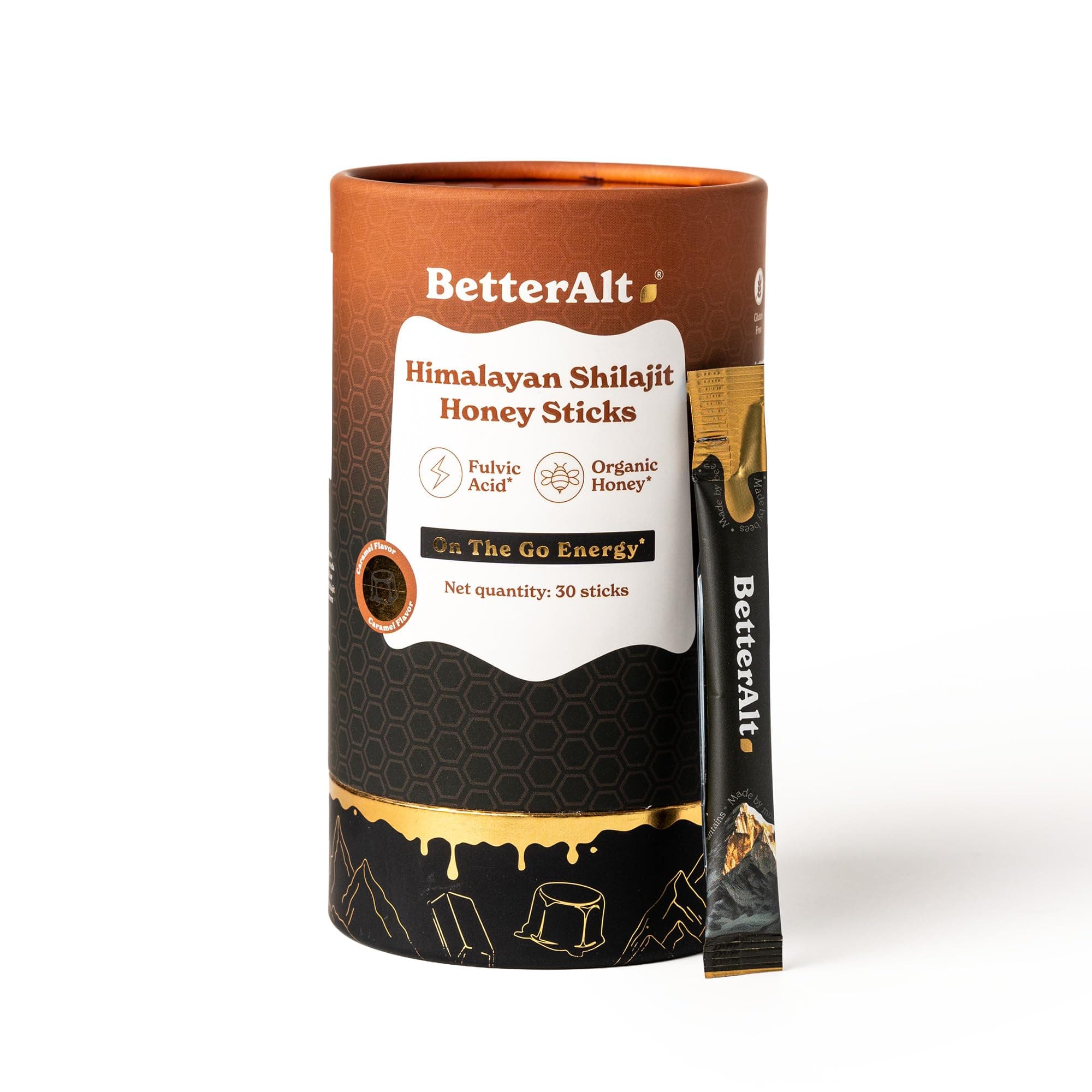 BetterAlt Pure Himalayan Shilajit/Shilajeet Caramel Honey Sticks with 75%+ Fulvic Acid & 85+ Trace Minerals | Organic Shilajeet with Natural Honey | Pure Organic Shilajit Energy & Stamina Supplement