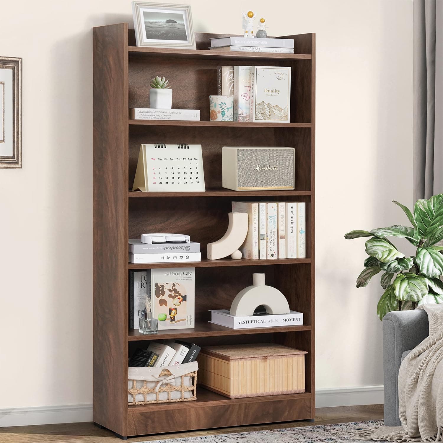 ABOUT SPACE Bookshelf for Home - 6 Tier Book Rack for Study Room | Open Book Shelf for Office, Library, Bedroom, Living Room - Engineered Wood Display Cabinet (Walnut - L 71 x B 24.5 x H 137.5 cm)