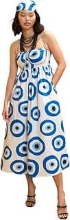 Pink Paprika by SASSAFRAS Women’s Fit & Flared Evil Eye Print Strappy Midi – Boho Fusion Resort Summer Cotton Casual Wear Dress