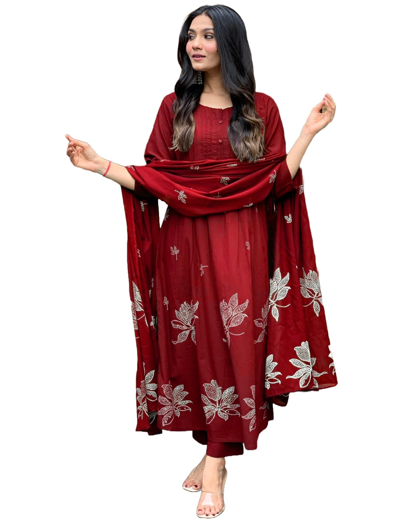 GoSriKi Women's Rayon Blend Anarkali Printed Kurta with Pant & Dupatta | Ethnic Kurta Pant Dupatta Set for Women | Traditional Indian Wear Outfit