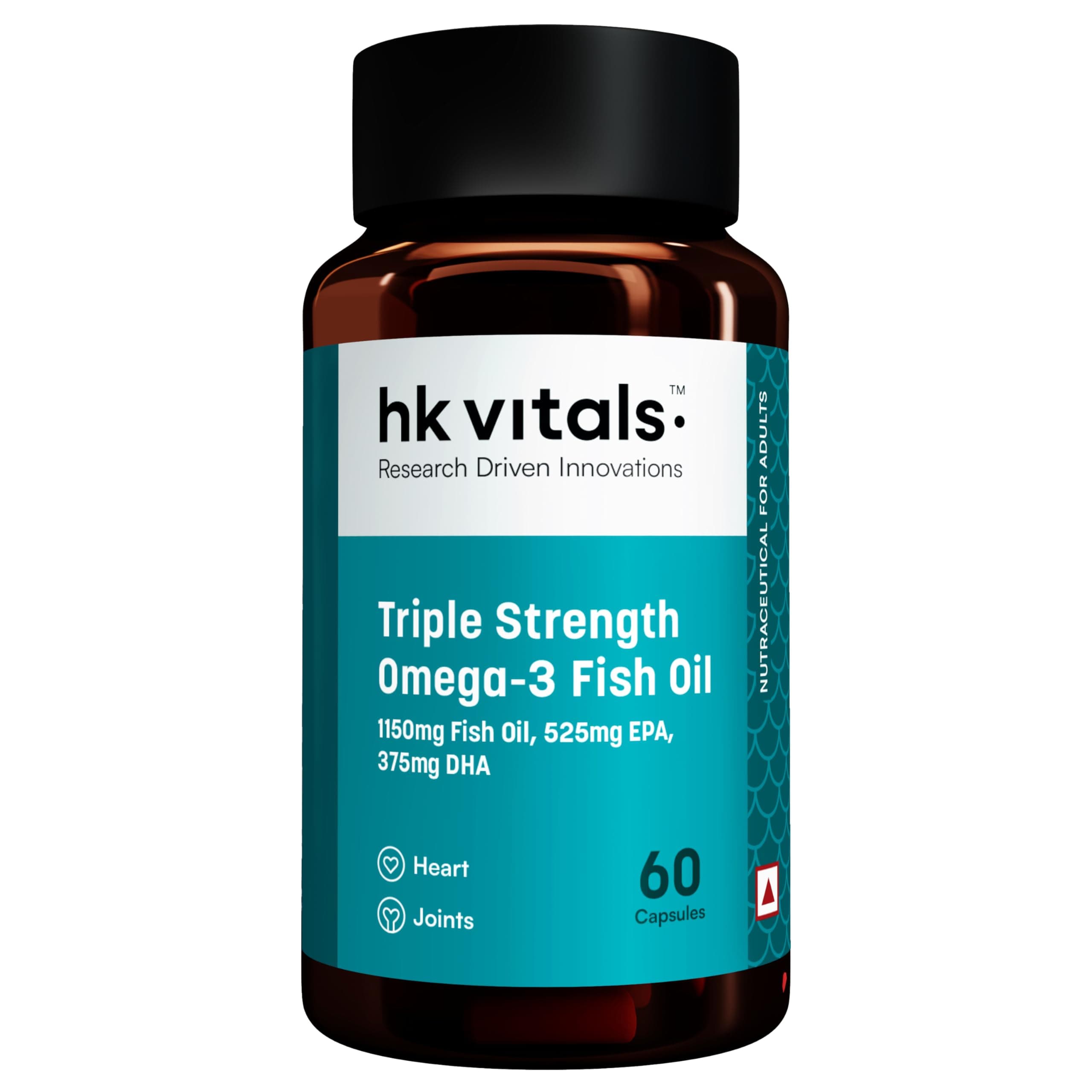 hk vitals 3X Strength Omega-3 Fish Oil Supplement (60 Capsules) | 1150mg Fish Oil, 525mg EPA & 375mg DHA | For Healthy Heart & Joints | Men & Women
