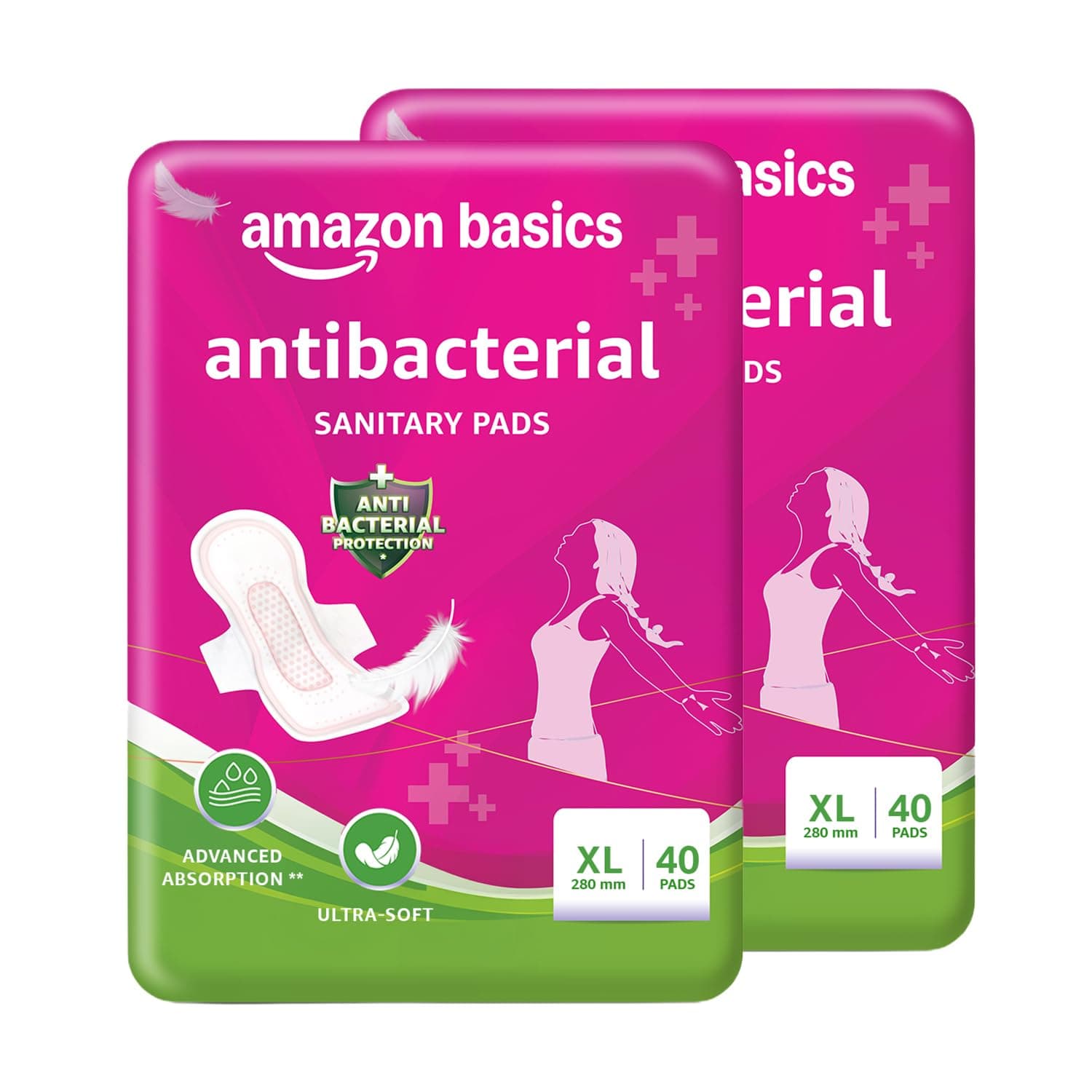 Amazon Basics Anti-Bacterial Sanitary Pads for Women XL | 280 mm Extra Coverage | Ultra-Absorbent Core | Soft & Comfortable Surface | Wings for Secure Fit | Medium to Heavy Flow Protection| 80 Count (40 X Pack of 2)