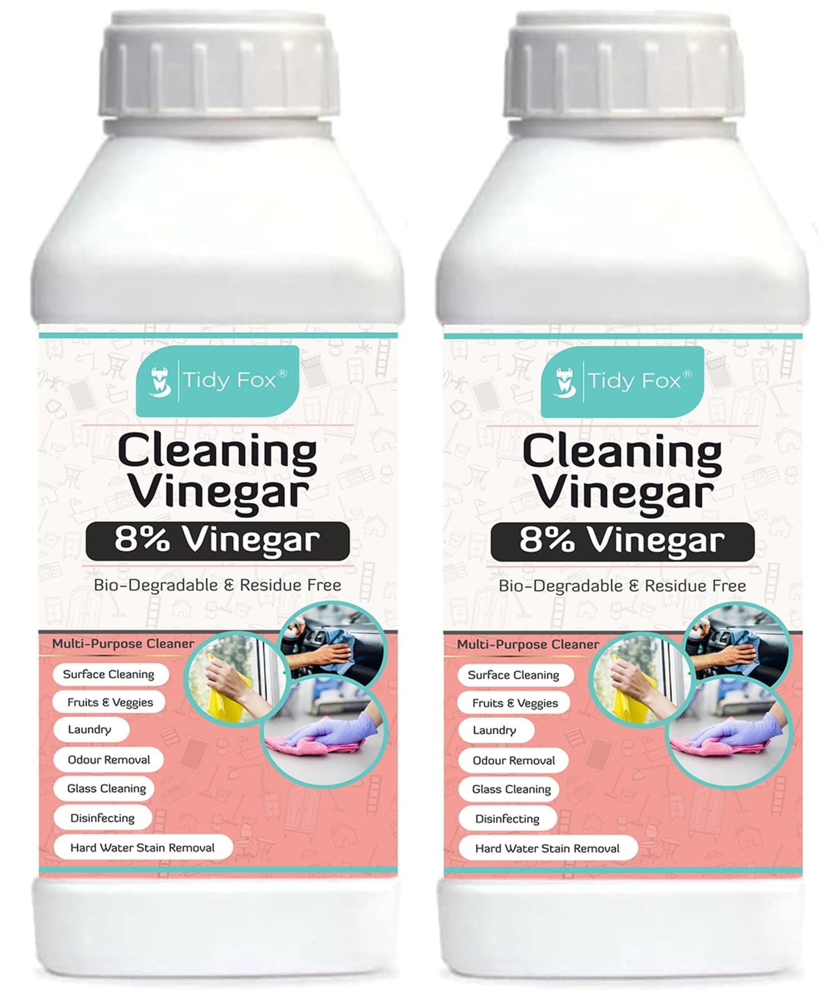 TIDY FOX Vinegar for Cleaning, 8% Concentrated, 2 Ltr [2 Bottles of 1 Ltr Each]