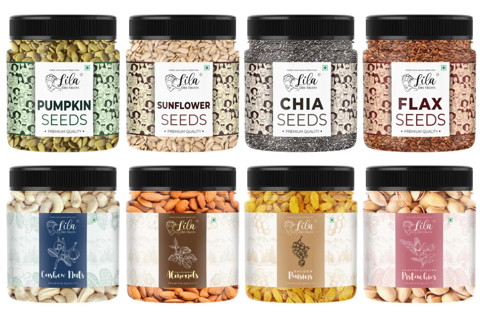 Lila Dry Fruits Superseeds and DryFruits Combo (100 Gms x 8) Jar pack | Chia Flax Pumpkin Sunflower Seed + Cashew Almond Pista Raisin | Rich in Protiens Minerals Perfect for Gifting