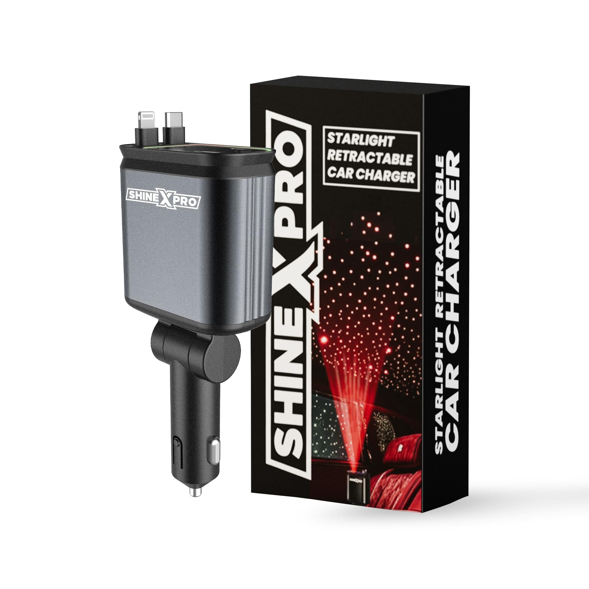 ShineXPro Starlight Retractable Car Charger - Extra-Long Type-C Retractable Cables, 4-in-1 Car Mobile Charger with Starry Sky, 120W Car Fast Charger with Dual USB Port for Android & iOS Devices