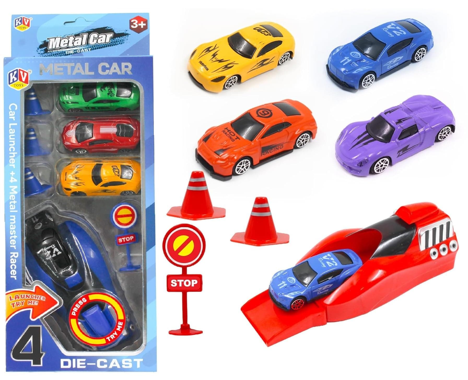 Sky Tech® Rapid Launcher High Speed Car Set | 4-Piece Die-Cast Metal Car Set for Kids | with High-Speed Launcher | Includes 3 Road Blockers & 1 Stopper | Perfect for Kids 3+