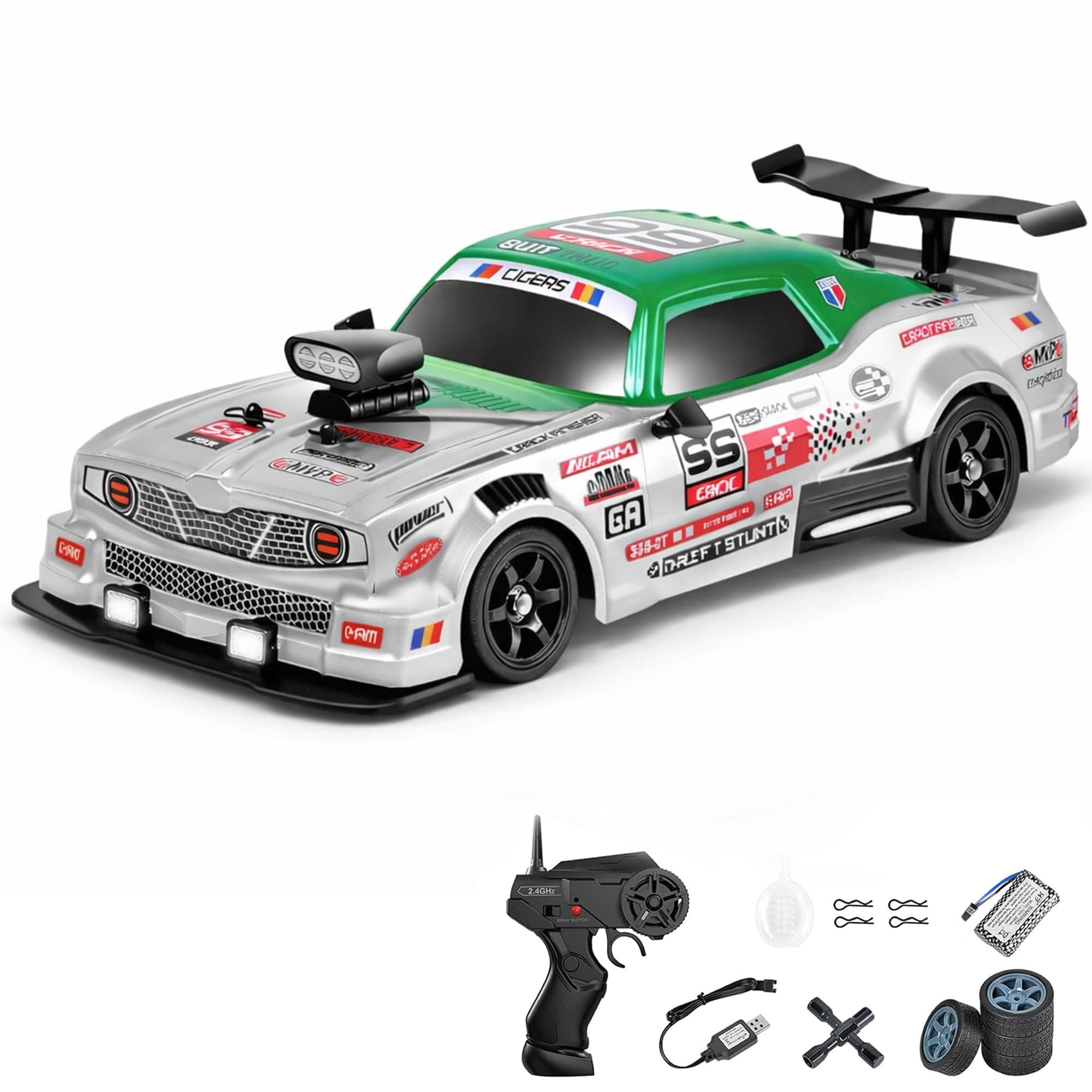 Zivvy Big Remote Control Car – Green | 2.4G Drift Racing Car with 100 Meter Range, Smoke Effect, LED Lights & Music | Rechargeable RC Car Toy | Best Gift for Boys & Girls 2 3 4 5 6 7 8+ Years