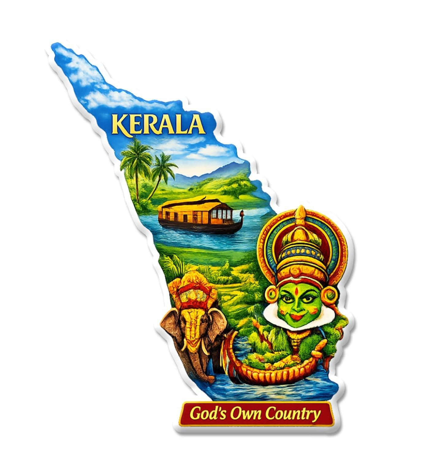 Kerala Indian State Theme Souvenir Die-Cut Fridge Magnet for Refrigerator – God's Own Country, Kathakali & Houseboat Design, Multicolor (Set of 1)