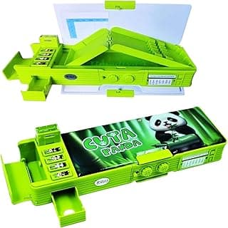 Sanghariyat Plastic Multifunctional Panda Password Lock Double Sided Compass Box for Kids, Pencil Box for Boy & Girl, Aesthetic Stationary Items, Panda Theme Pencil Case Return Gifts for Kids (Green)