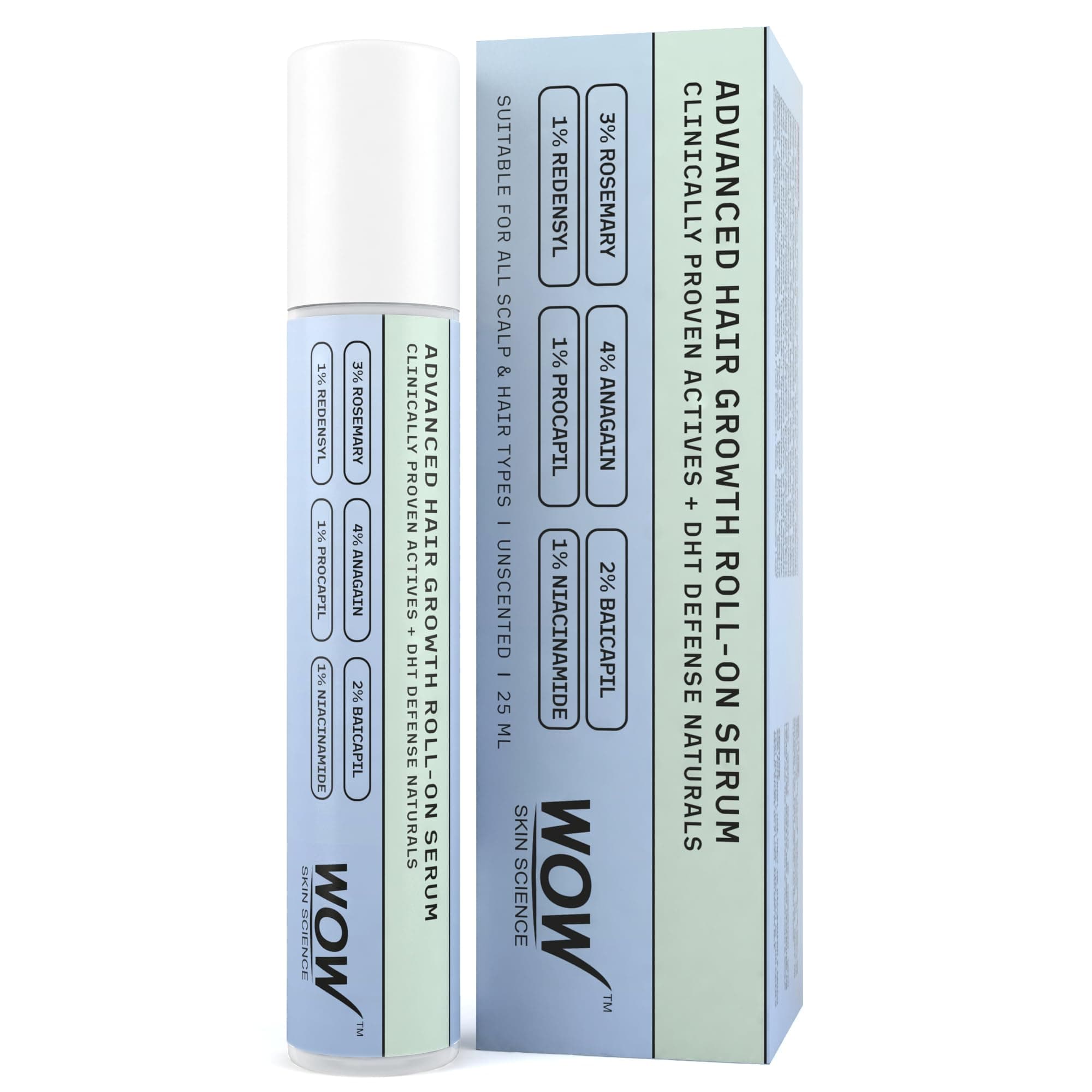 WOW Skin Science Advanced Hair Growth Roll-On Serum | 4% Anagain, 3% Rosemary, 2% Batcapil, 1% Redensyl, Procapil & Niacinamide | DHT Defence | All Hair Types | 25ml