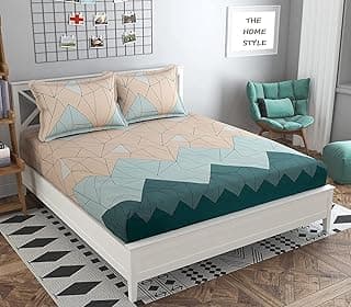 THE HOME STYLE Cotton Feel Glace Cotton Elastic Fitted Printed Queen Size Double Bed Bedsheet with 2 Pillow Cover(60"x78", Pastel Green) , 300 - 350 threadcount