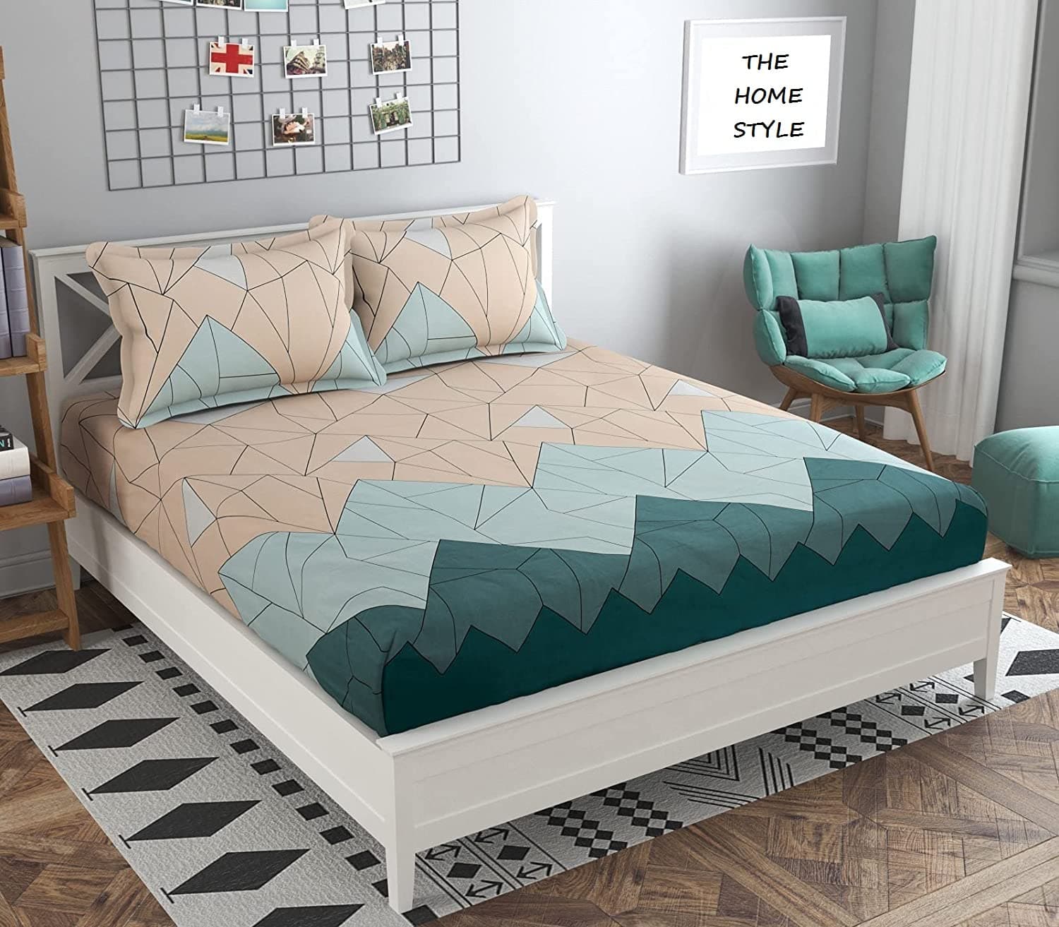 THE HOME STYLE Cotton Feel Glace Cotton Elastic Fitted Printed Queen Size Double Bed Bedsheet with 2 Pillow Cover(60"x78", Pastel Green) , 300 - 350 threadcount