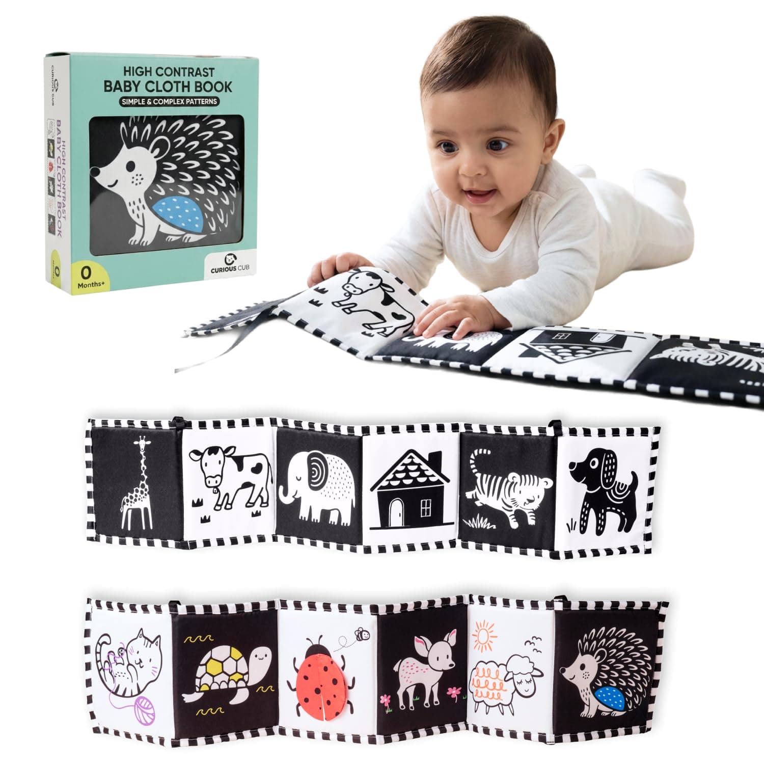 Curious Cub High Contrast Cloth Book for Babies, Tummy Time 0-6 Months | Black & white sensory book, newborn visual stimulation, boy girl baby gift