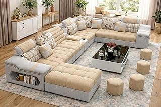 Avion COMFORA U Shape 12 Seater Sofa Set for Living Room (Beige) | Interchangeable U-Shaped Sectional Sofa Set with Cup Holder & with 4 Puffy for Living Room & Office