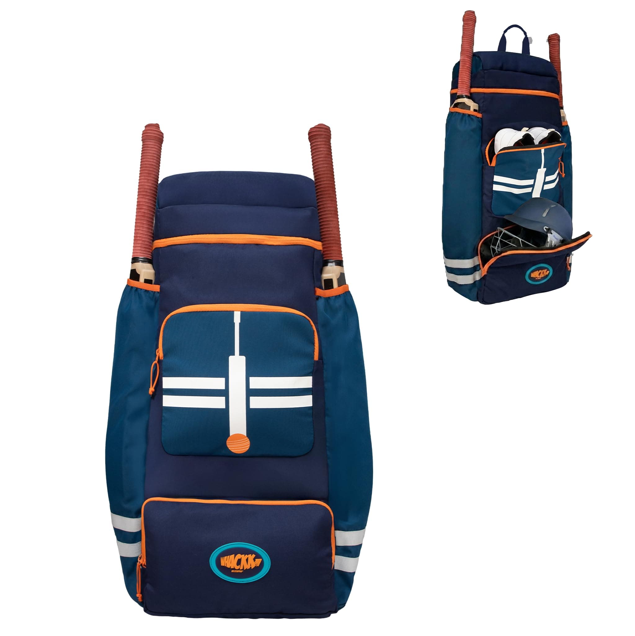 WHACKK Warne 81L Cricket Kit Bag Backpack|Spacious Compartment with Dual Bat, Shoe/Helmet Pockets|Lightweight & Durable Sports kit Bag Navy Orange